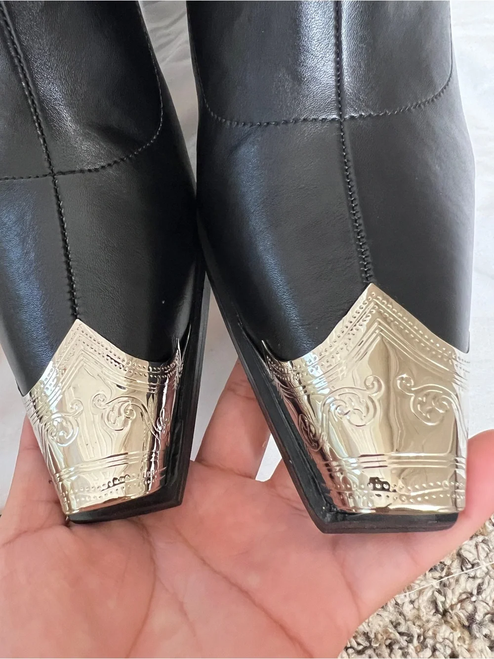 Fashion Nova Smokey Black Knee High Cowboy Boots Western Silver Toe Cap Size 8